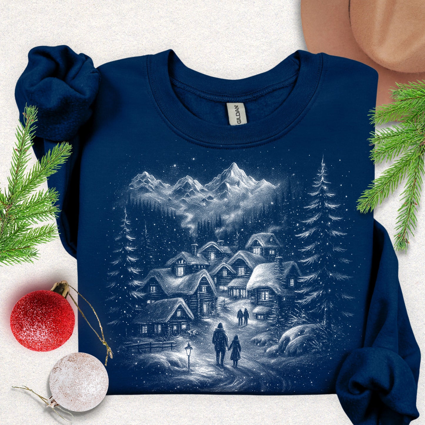 Silent Night Snowy Mountain Village Sweatshirt