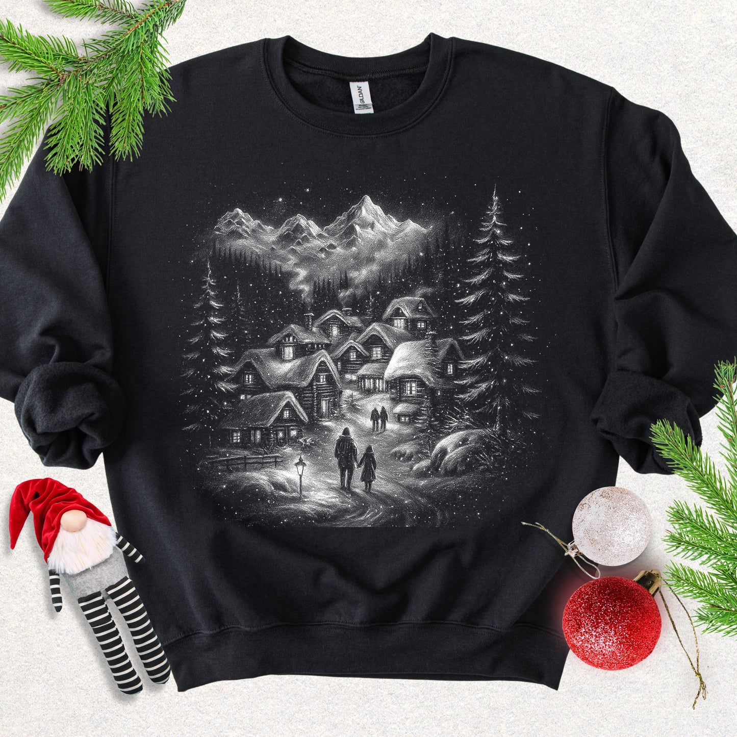 Silent Night Snowy Mountain Village Sweatshirt
