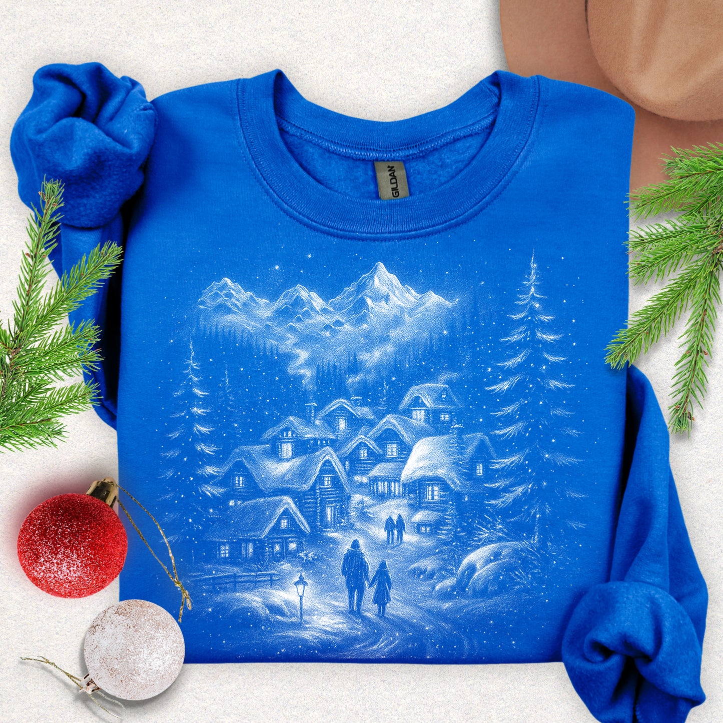 Silent Night Snowy Mountain Village Sweatshirt