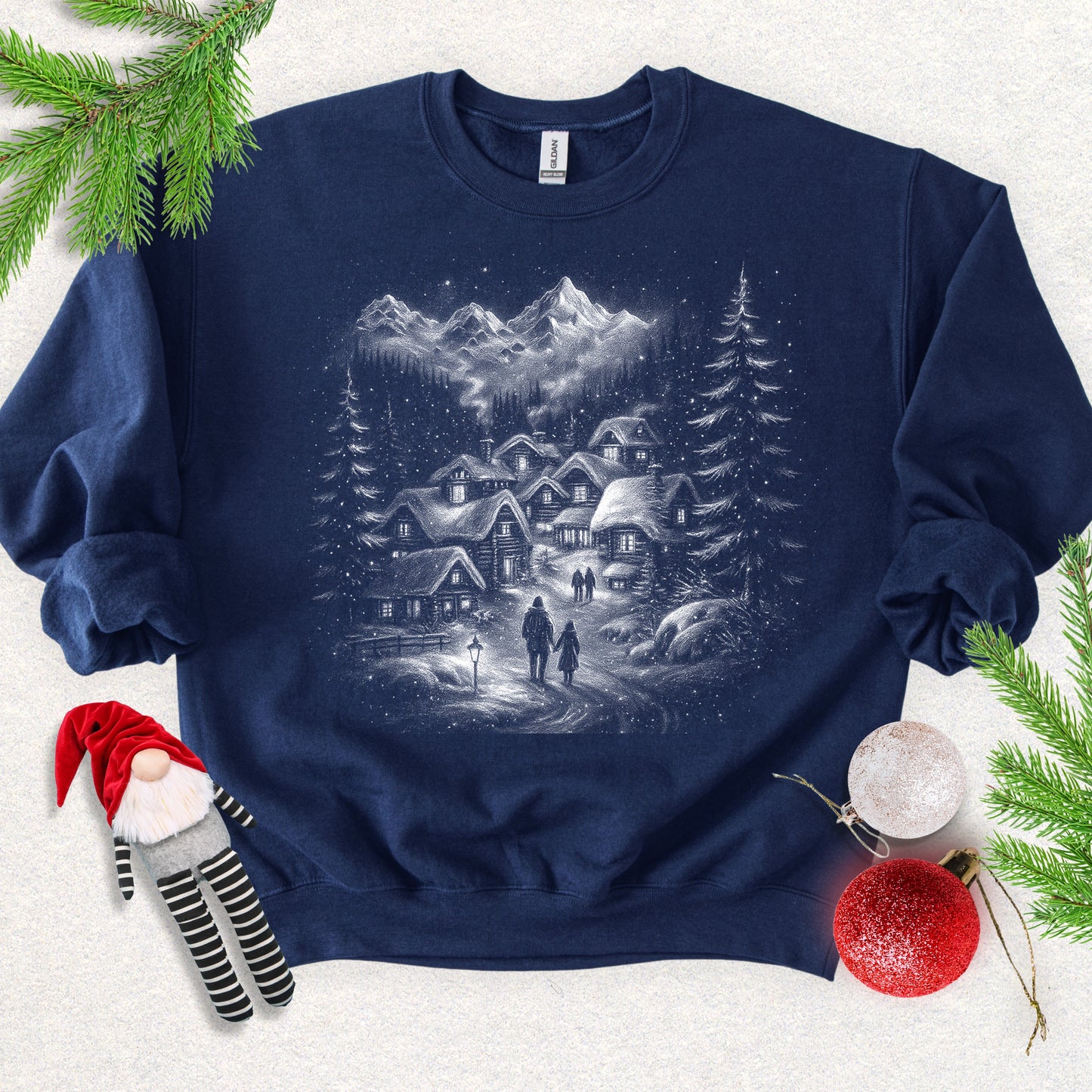 Silent Night Snowy Mountain Village Sweatshirt