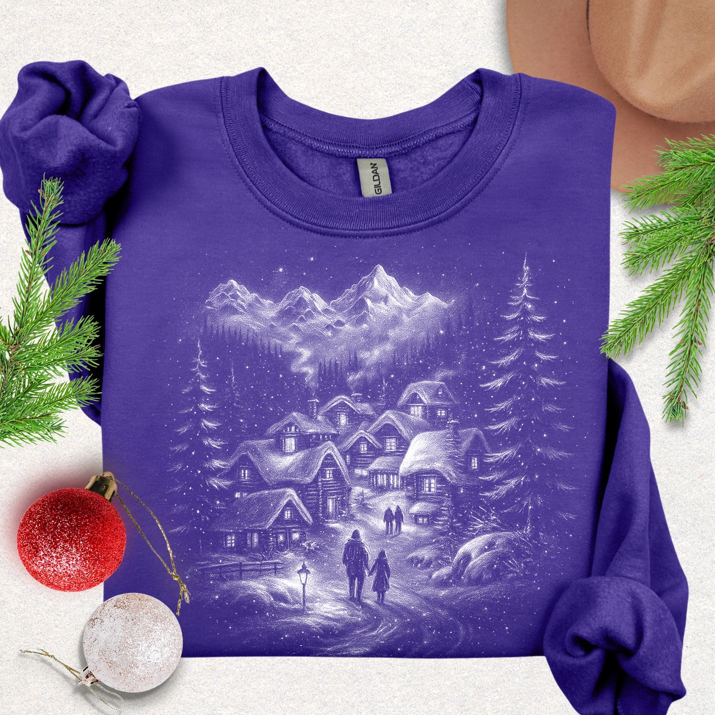 Silent Night Snowy Mountain Village Sweatshirt