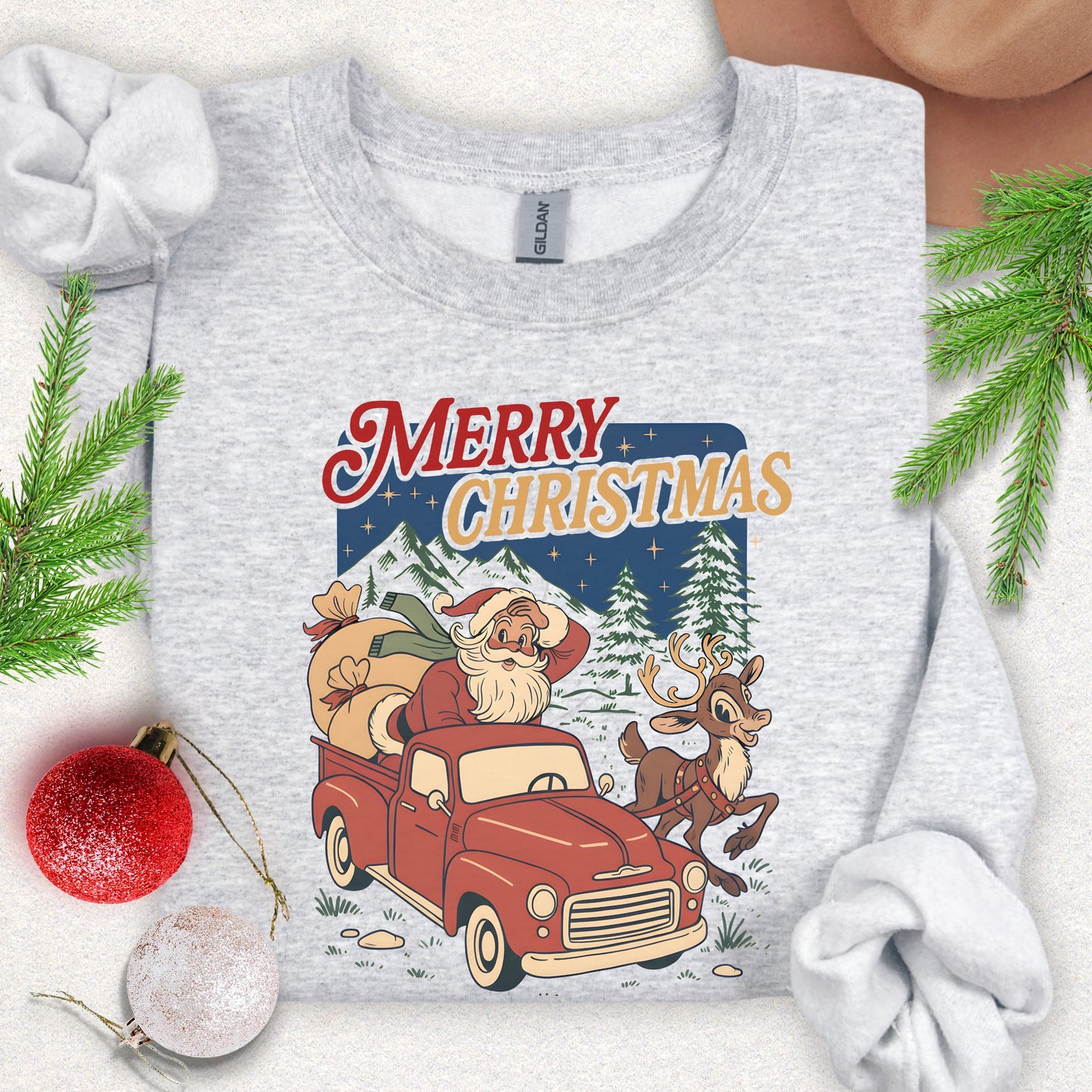 Merry Christmas Santa in Red Truck Sweatshirt