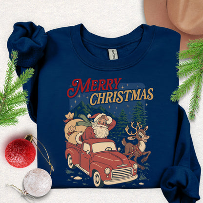 Merry Christmas Santa in Red Truck Sweatshirt