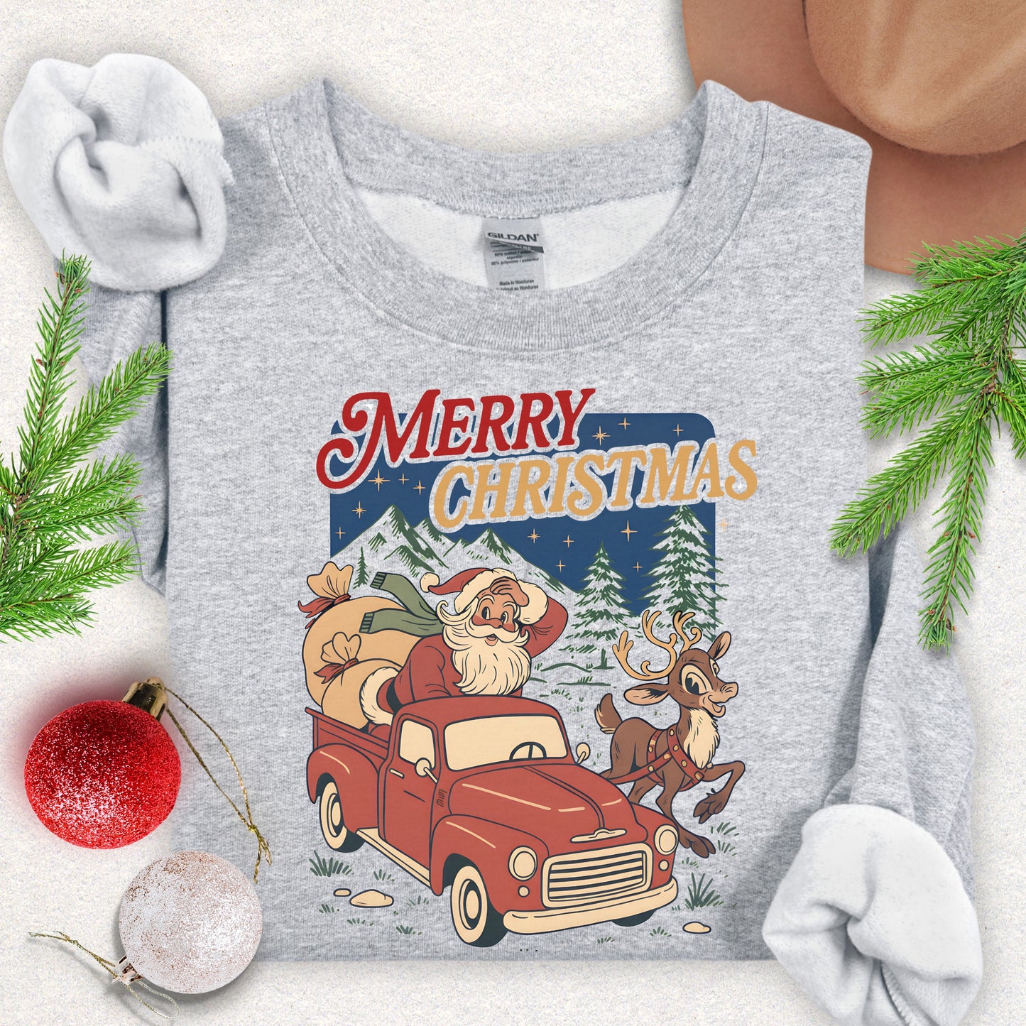 Merry Christmas Santa in Red Truck Sweatshirt