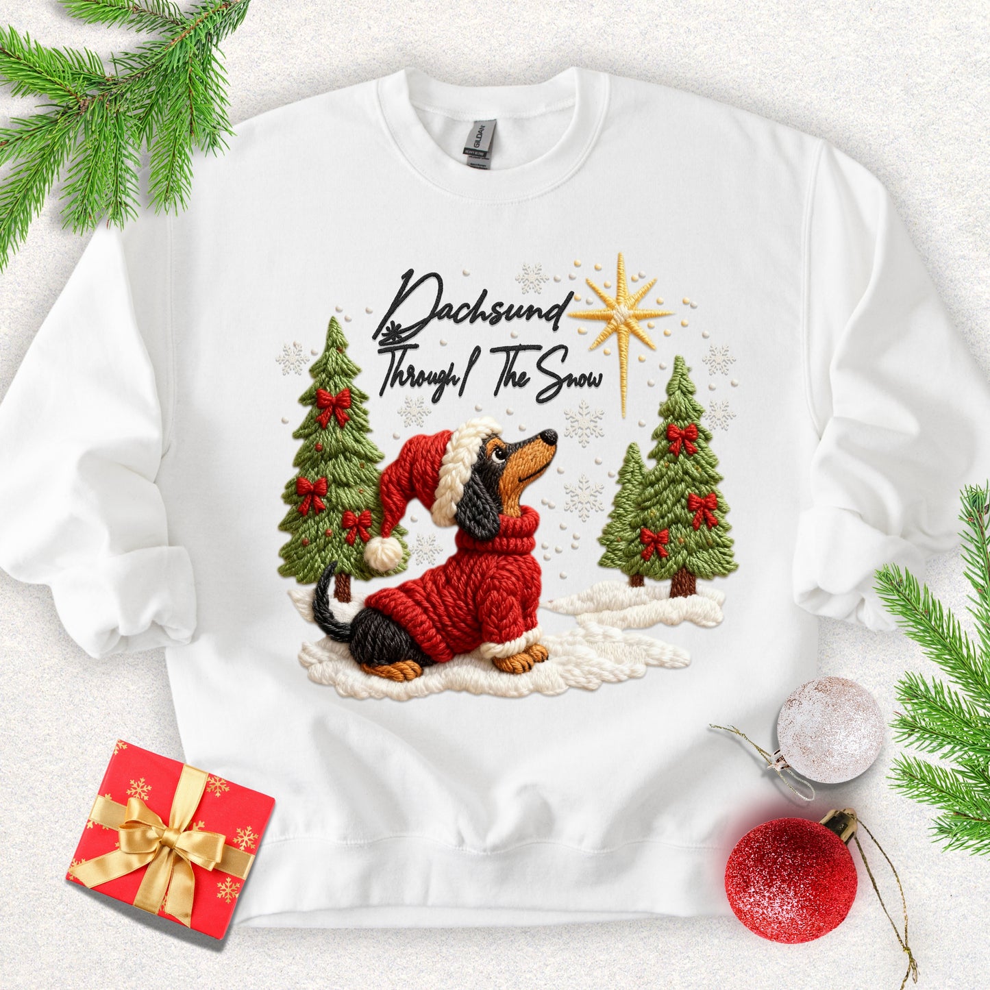 Faux Yarn Dachsund Through the Snow Sweatshirt