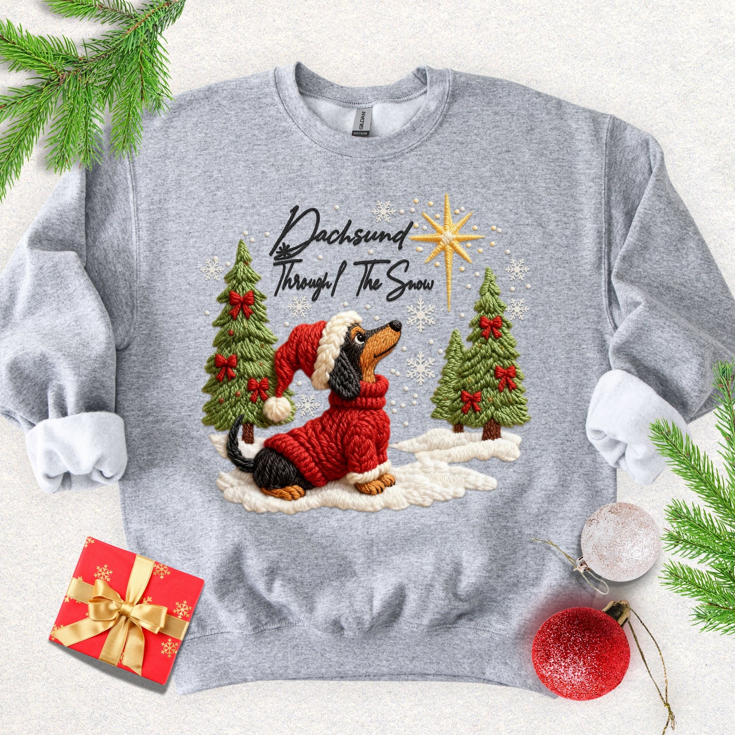 Faux Yarn Dachsund Through the Snow Sweatshirt