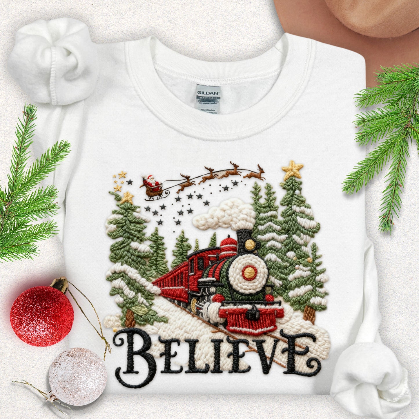 Faux Yarn Believe Christmas Train Sweatshirt
