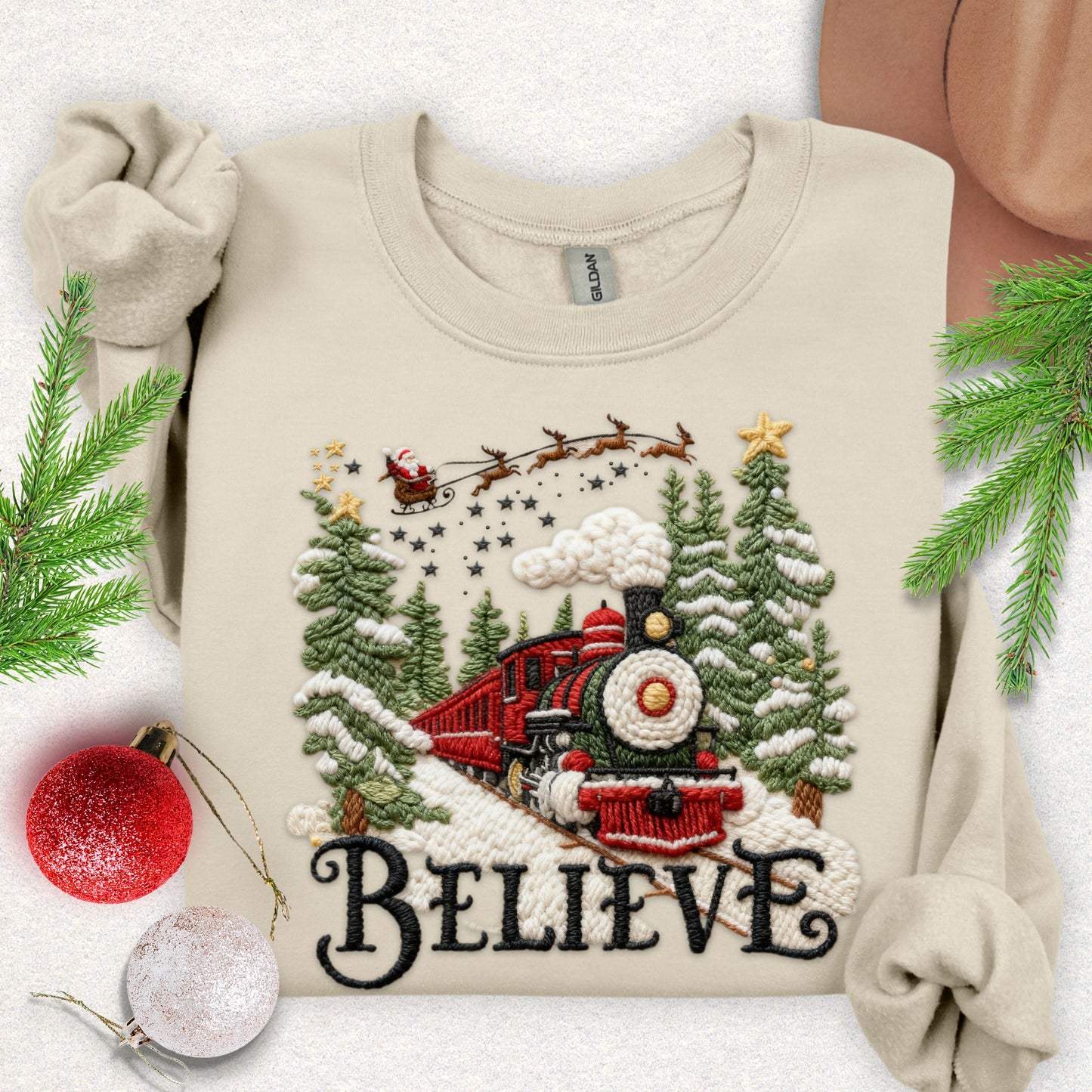 Faux Yarn Believe Christmas Train Sweatshirt
