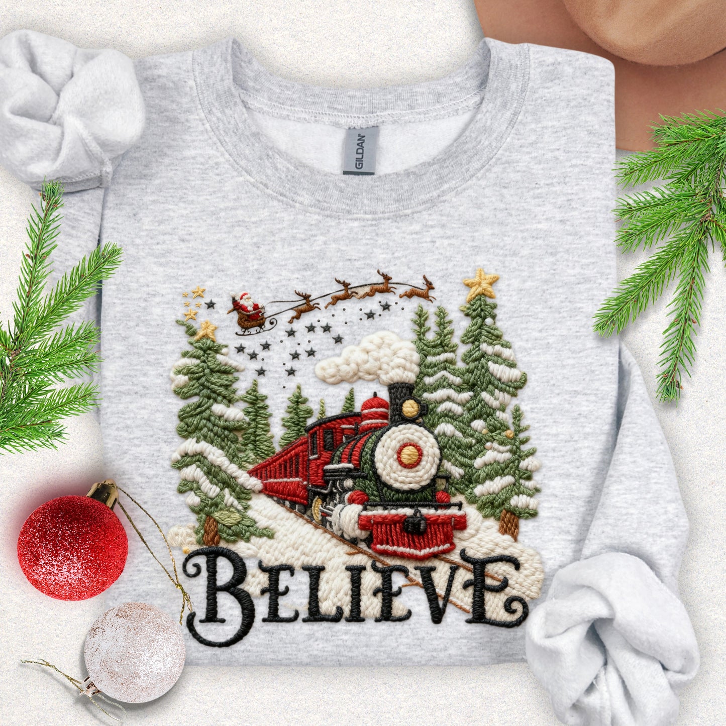 Faux Yarn Believe Christmas Train Sweatshirt