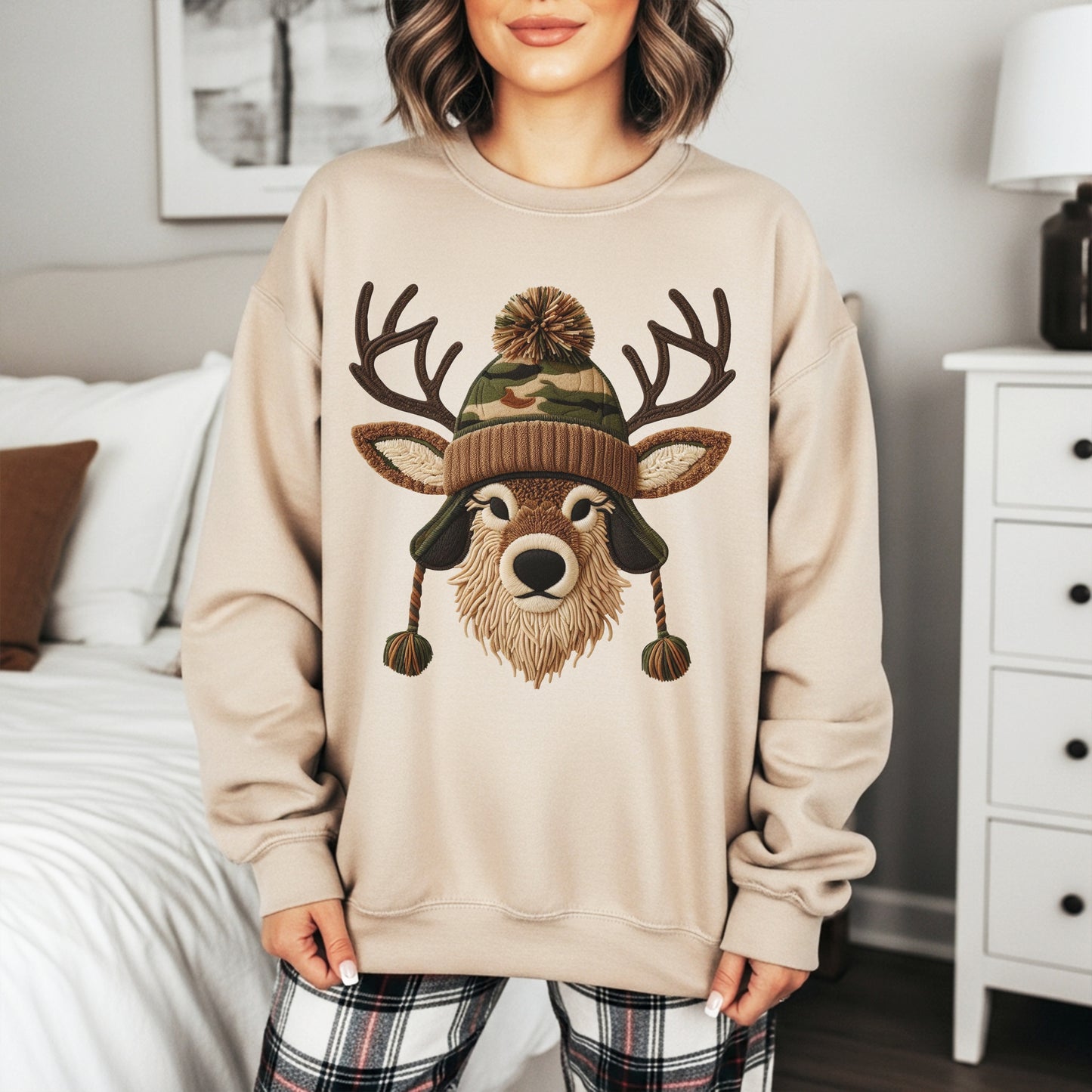 Faux Yarn Winter Buck with Pom Beanie Sweatshirt