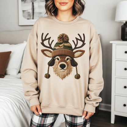 Faux Yarn Winter Buck with Pom Beanie Sweatshirt