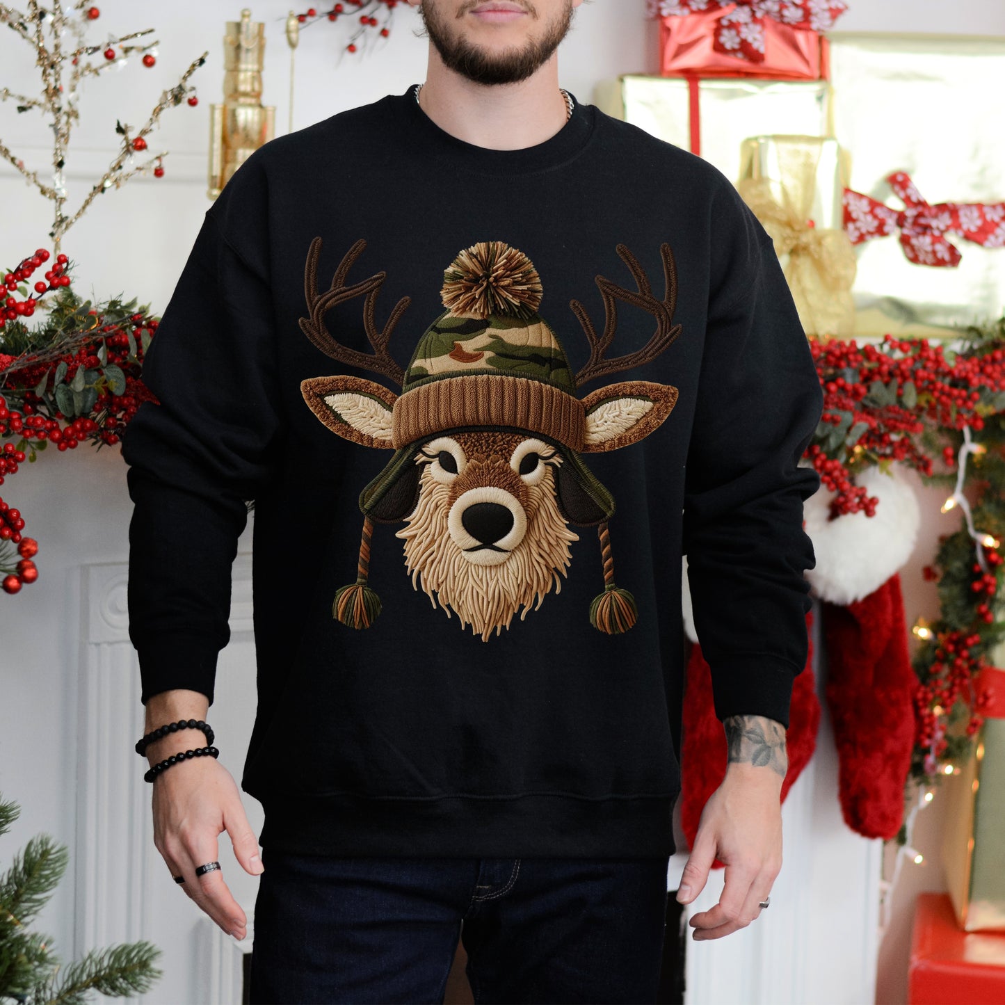 Faux Yarn Winter Buck with Pom Beanie Sweatshirt