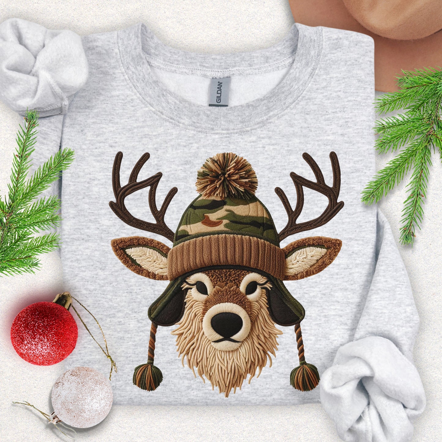 Faux Yarn Winter Buck with Pom Beanie Sweatshirt