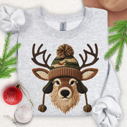 Faux Yarn Winter Buck with Pom Beanie Sweatshirt