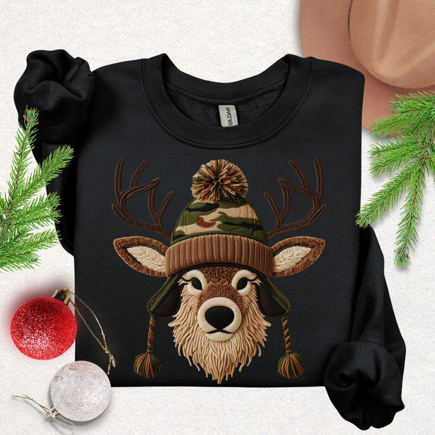 Faux Yarn Winter Buck with Pom Beanie Sweatshirt