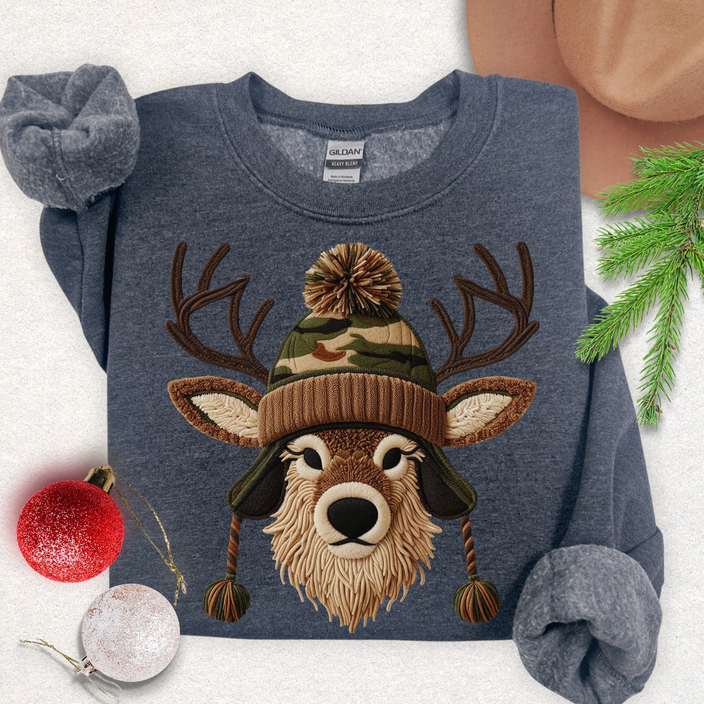 Faux Yarn Winter Buck with Pom Beanie Sweatshirt