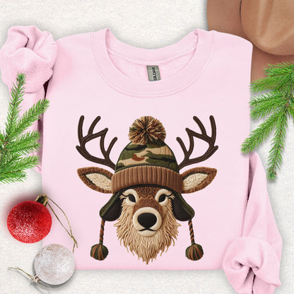 Faux Yarn Winter Buck with Pom Beanie Sweatshirt