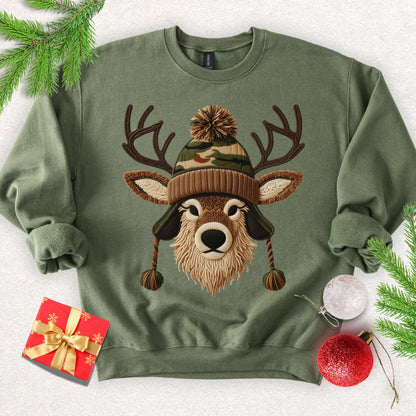 Faux Yarn Winter Buck with Pom Beanie Sweatshirt