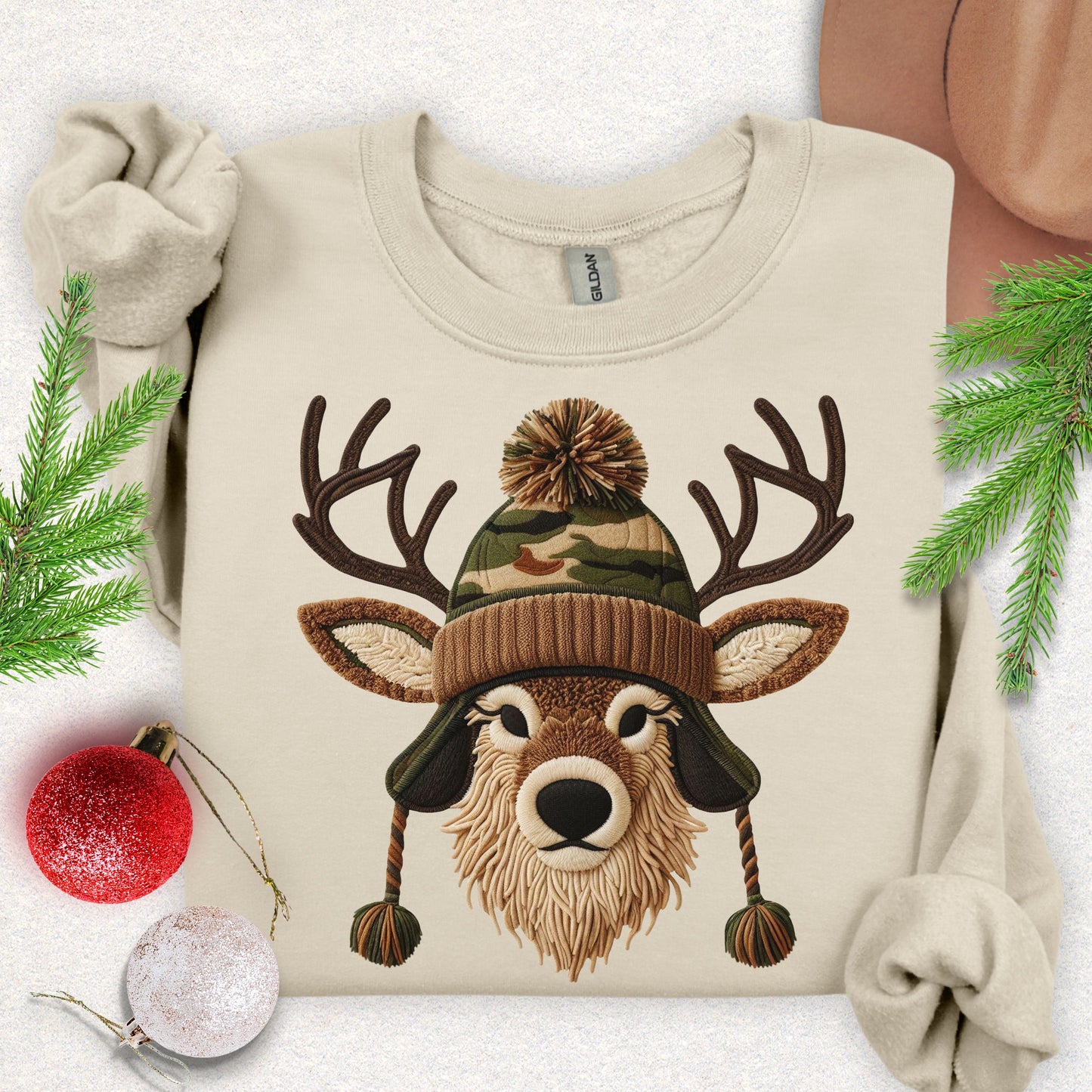 Faux Yarn Winter Buck with Pom Beanie Sweatshirt