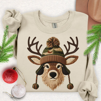 Faux Yarn Winter Buck with Pom Beanie Sweatshirt