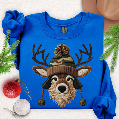 Faux Yarn Winter Buck with Pom Beanie Sweatshirt