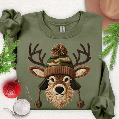 Faux Yarn Winter Buck with Pom Beanie Sweatshirt