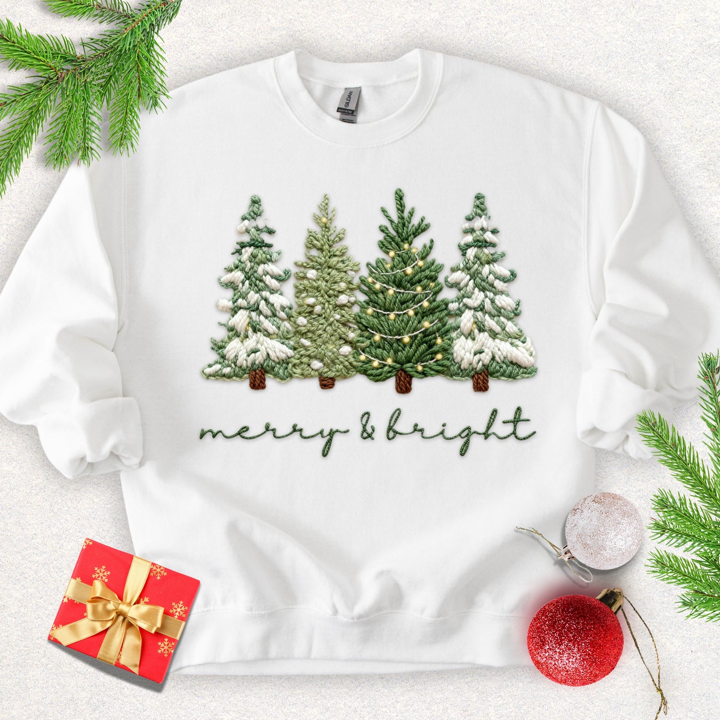 Faux Yarn 'Merry & Bright' Snowy Pine Trees Sweatshirt