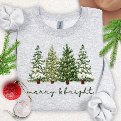 Faux Yarn 'Merry & Bright' Snowy Pine Trees Sweatshirt