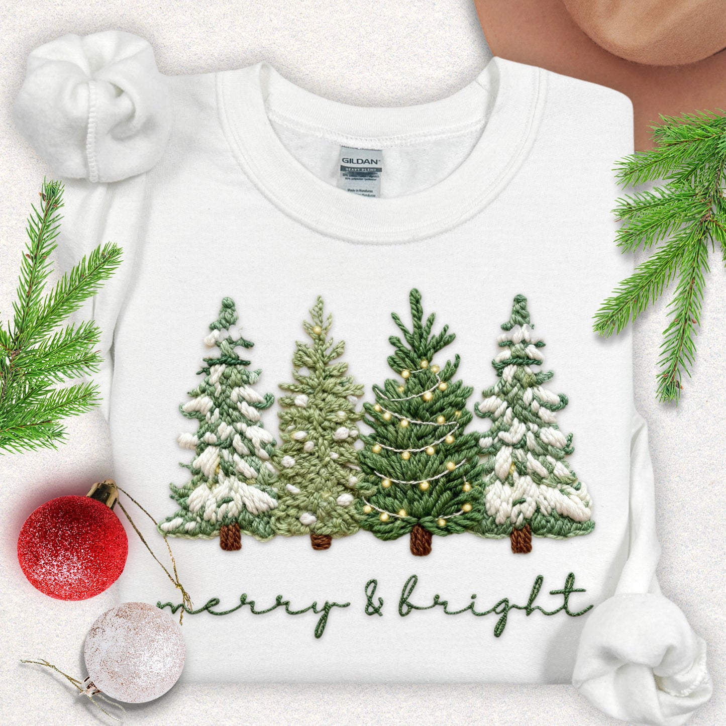 Faux Yarn 'Merry & Bright' Snowy Pine Trees Sweatshirt