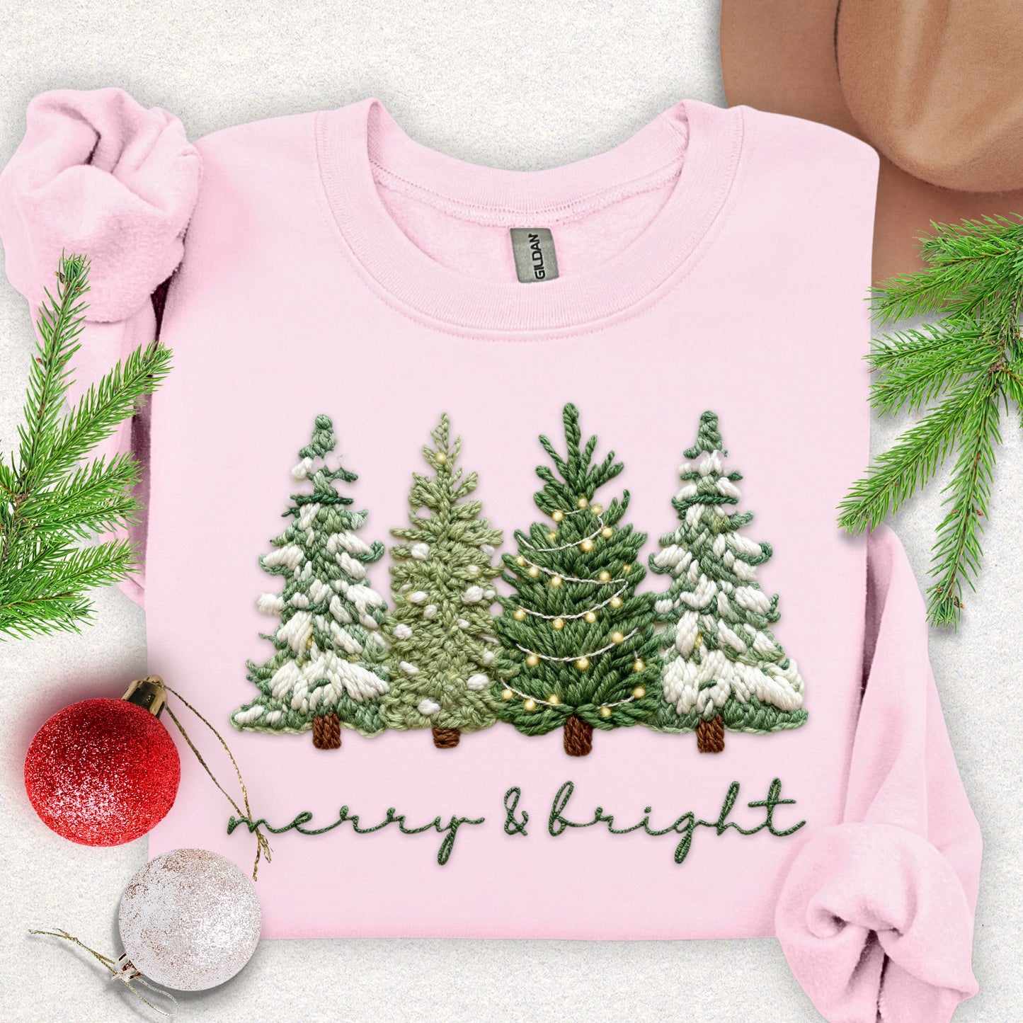 Faux Yarn 'Merry & Bright' Snowy Pine Trees Sweatshirt