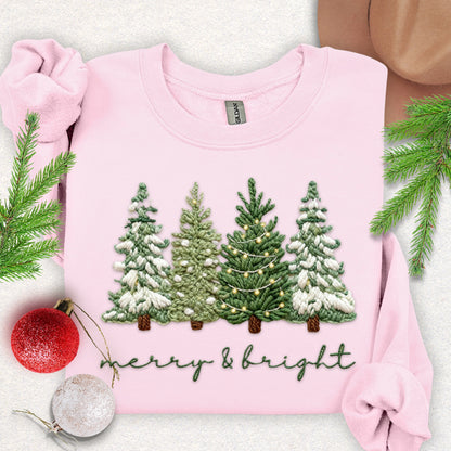 Faux Yarn 'Merry & Bright' Snowy Pine Trees Sweatshirt