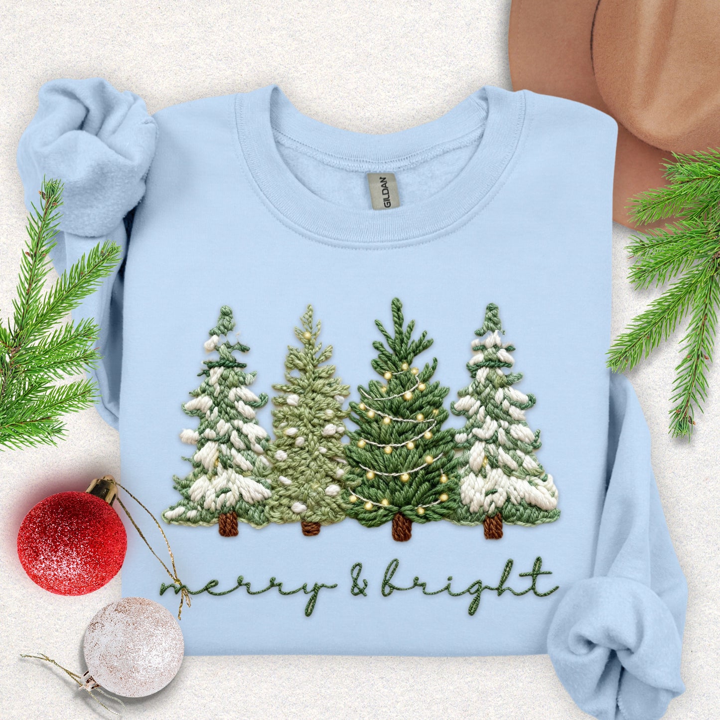 Faux Yarn 'Merry & Bright' Snowy Pine Trees Sweatshirt