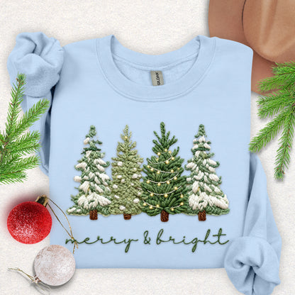 Faux Yarn 'Merry & Bright' Snowy Pine Trees Sweatshirt