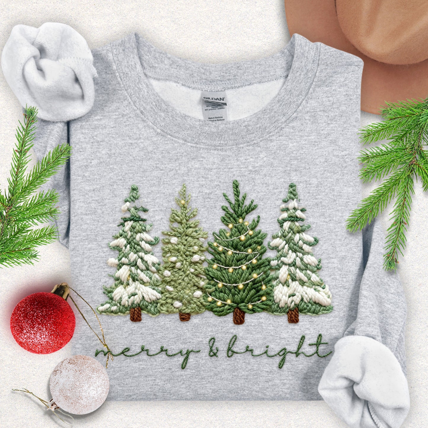 Faux Yarn 'Merry & Bright' Snowy Pine Trees Sweatshirt