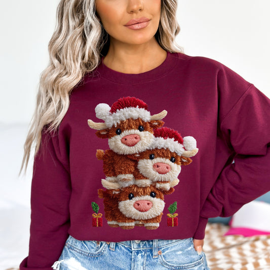 Faux Yarn Christmas Highland Cows Sweatshirt