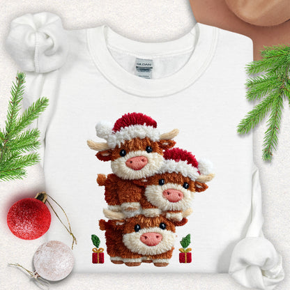 Faux Yarn Christmas Highland Cows Sweatshirt