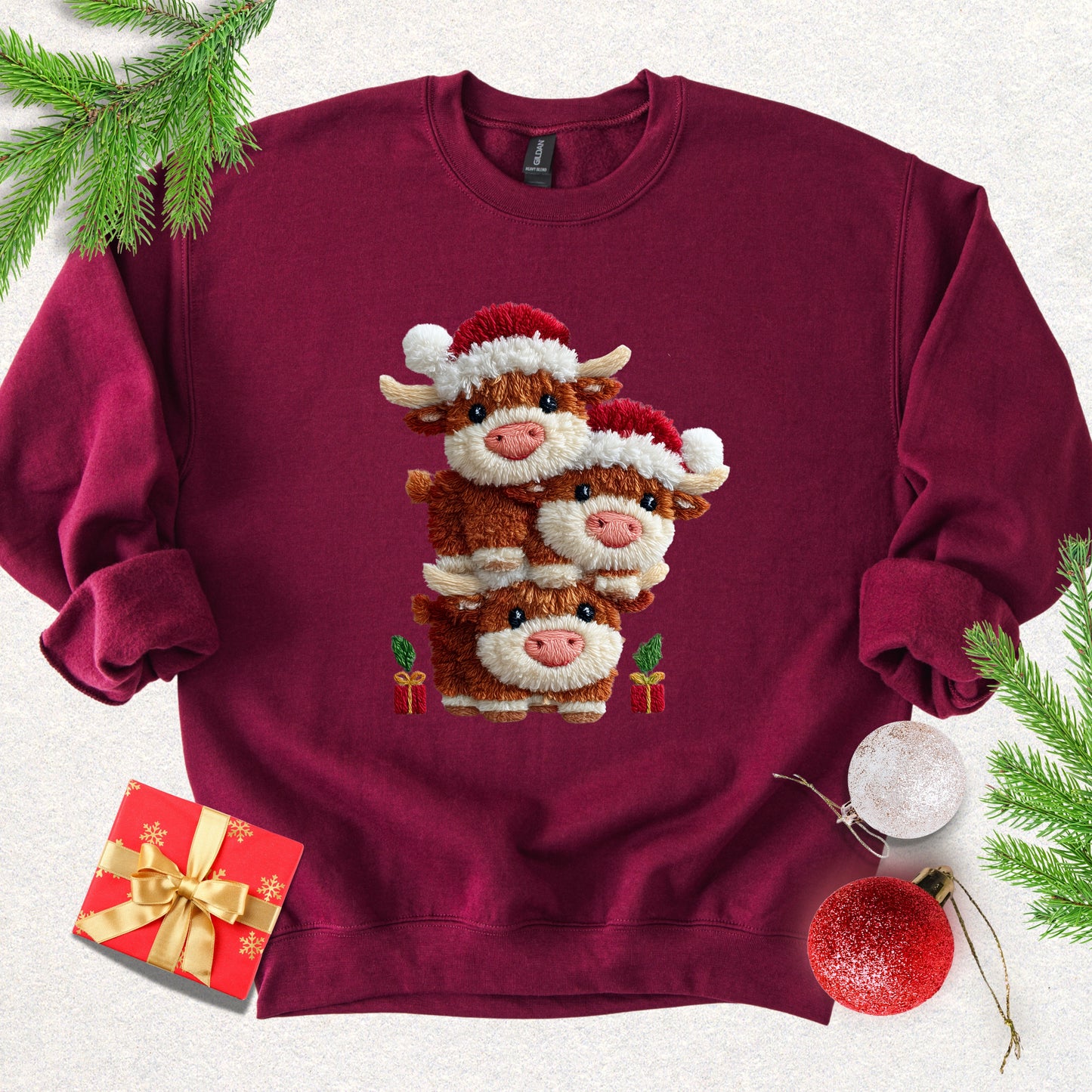 Faux Yarn Christmas Highland Cows Sweatshirt