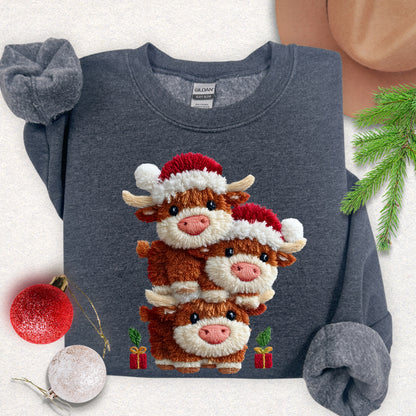 Faux Yarn Christmas Highland Cows Sweatshirt