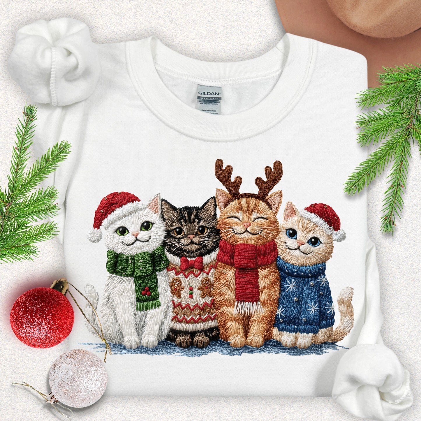 Faux Embroidery Christmas Meow Crew Sweatshirt