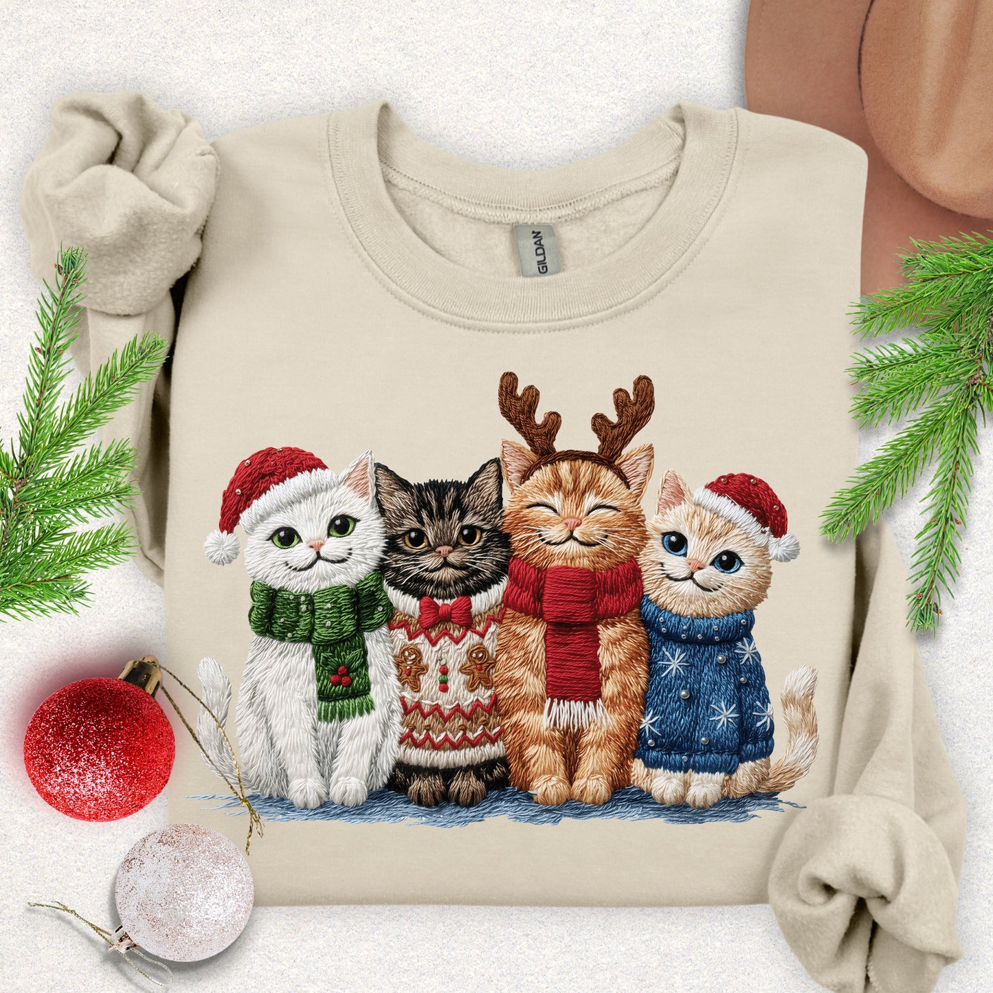 Faux Embroidery Christmas Meow Crew Sweatshirt