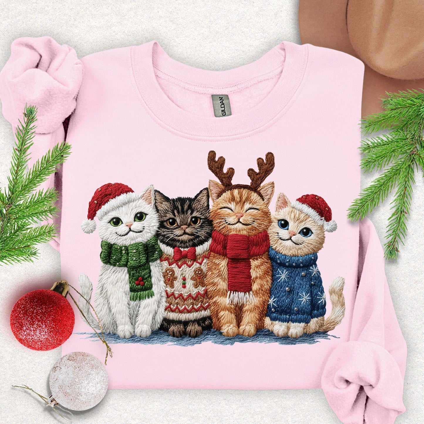 Faux Embroidery Christmas Meow Crew Sweatshirt