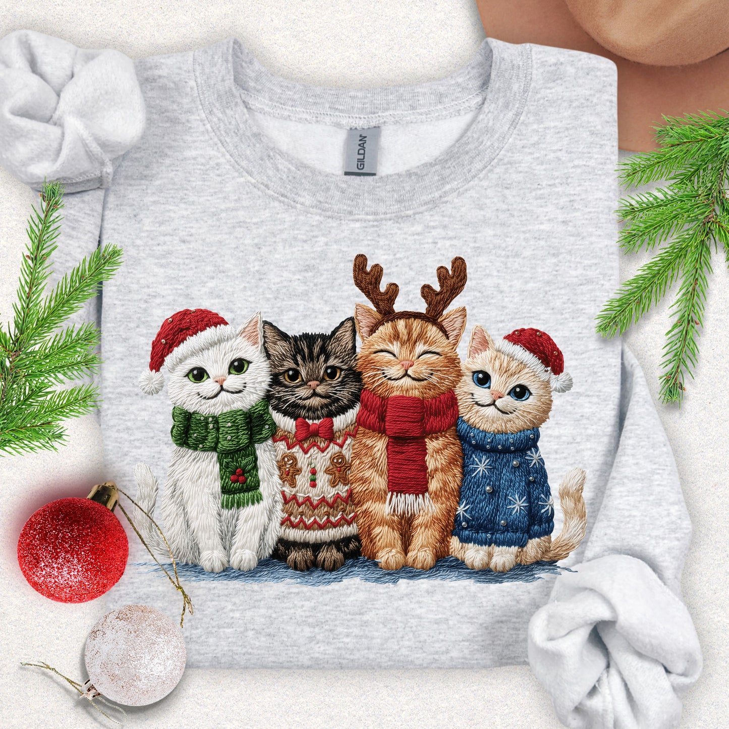 Faux Embroidery Christmas Meow Crew Sweatshirt