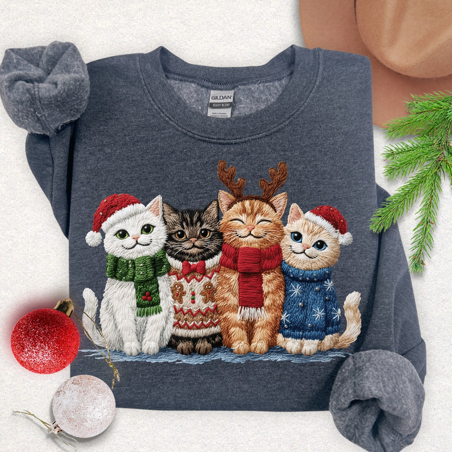 Faux Embroidery Christmas Meow Crew Sweatshirt