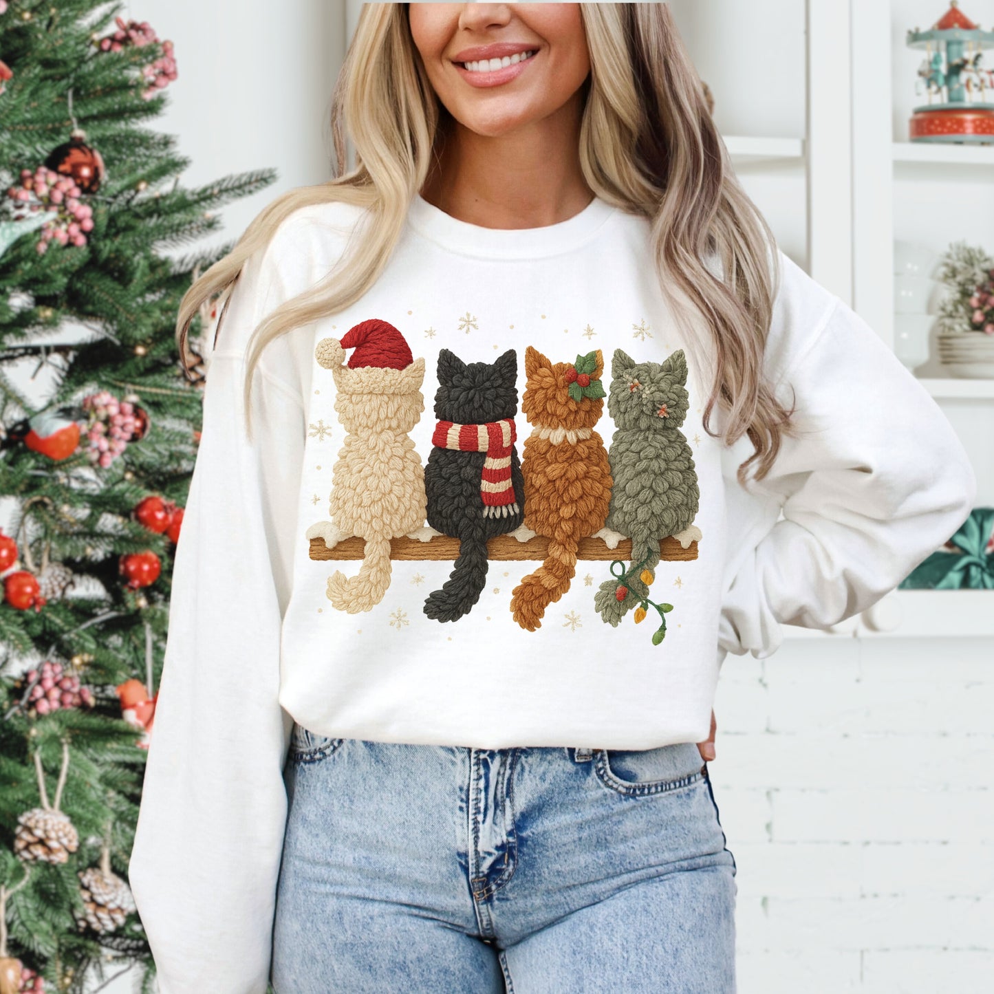 Faux Yarn Christmas Meow Crew Lightweight Sweatshirt