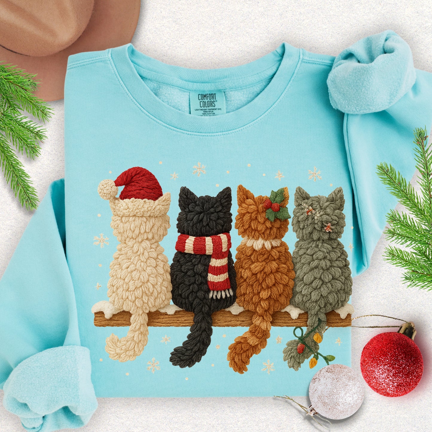Faux Yarn Christmas Meow Crew Lightweight Sweatshirt