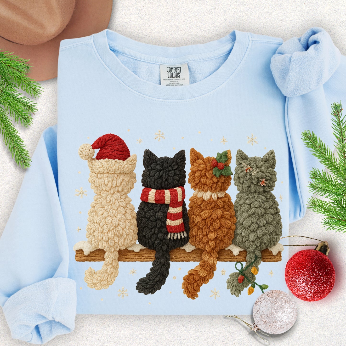 Faux Yarn Christmas Meow Crew Lightweight Sweatshirt