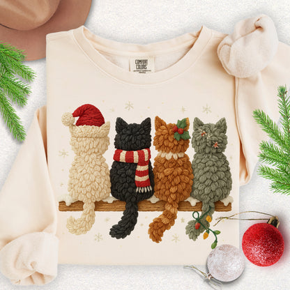 Faux Yarn Christmas Meow Crew Lightweight Sweatshirt