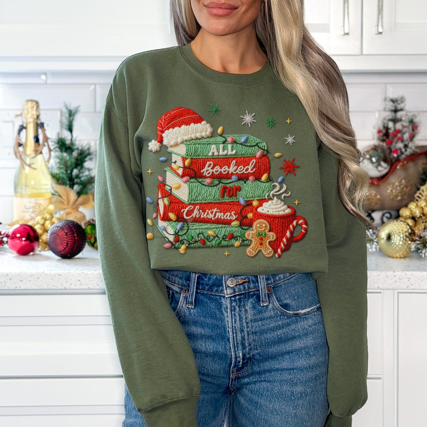 Faux Embroidery All Booked for Christmas Sweatshirt