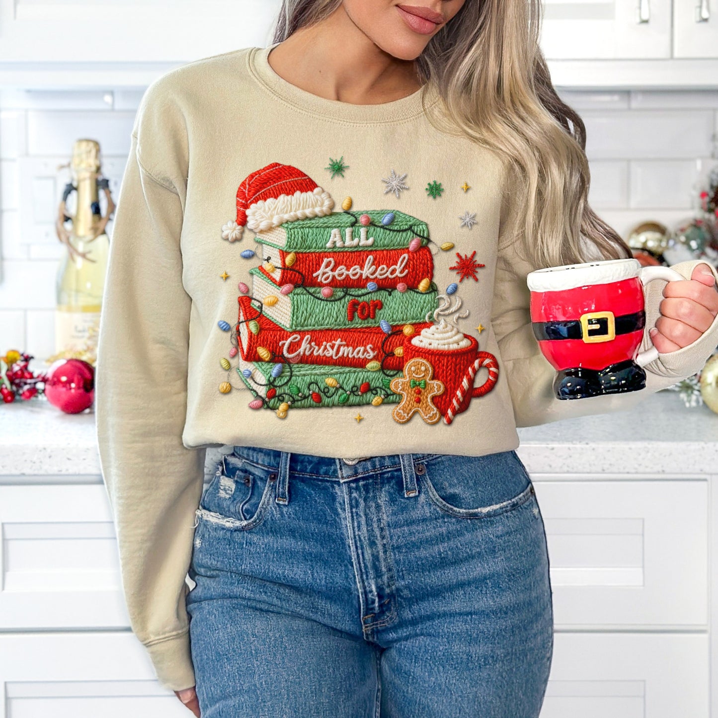 Faux Embroidery All Booked for Christmas Sweatshirt
