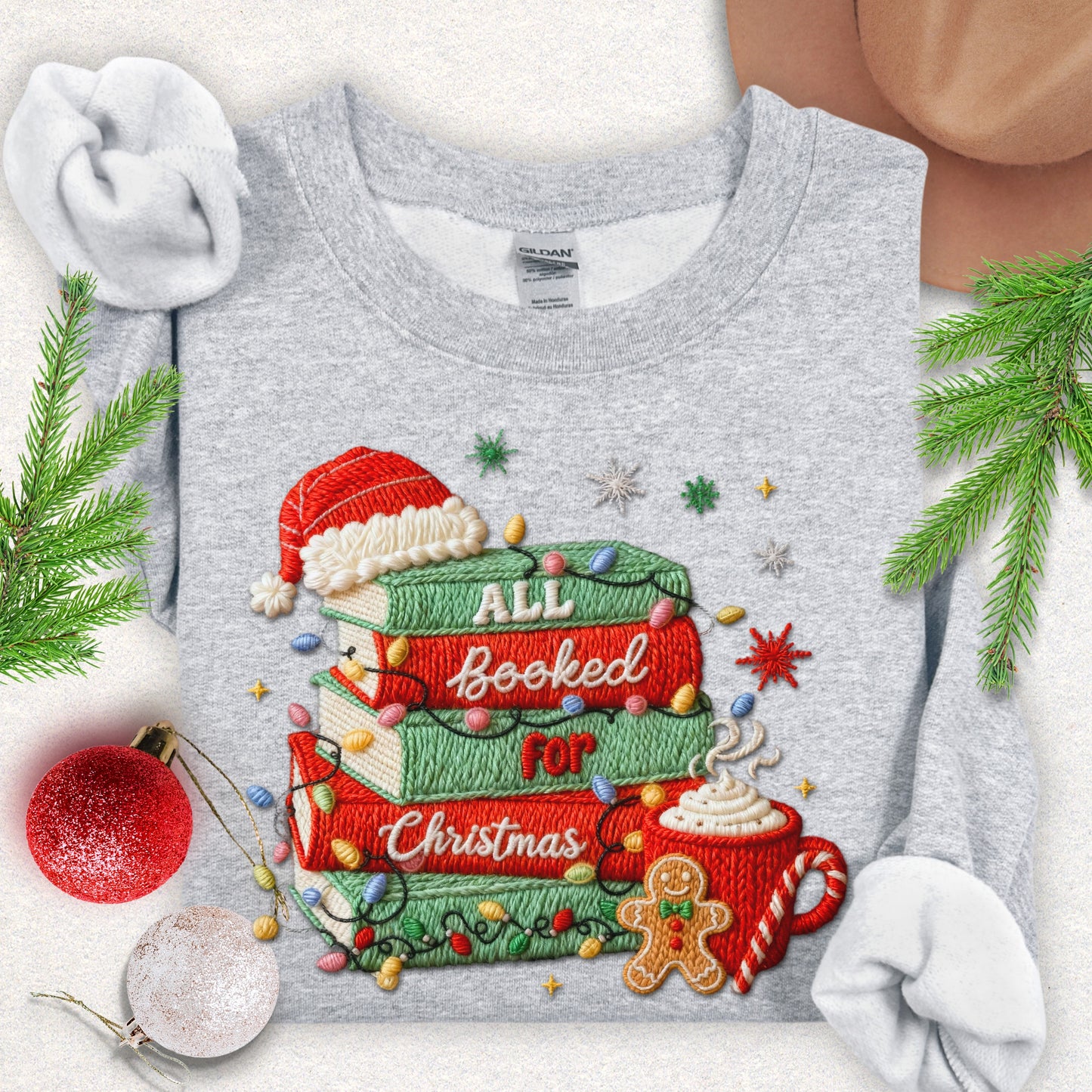 Faux Embroidery All Booked for Christmas Sweatshirt